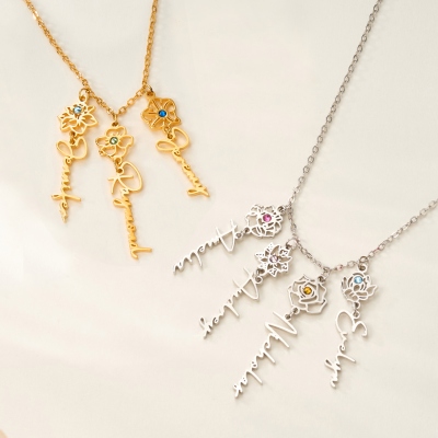 Personalized 1-8 Birth Flowers & Names Necklace, Sterling Silver 925 Family Floral Birthstone Jewelry, Birthday/Mother's Day Gift for Her/Mom/Grandma