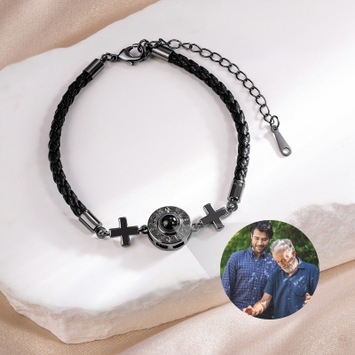 Custom Photo Projection Dual Cross Bracelet, I Love You in 100 Languages Sterling Silver 925 Christian Adjustable Bracelet, Gift for Family/Friends