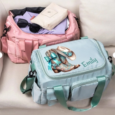 Personalized Name Bling Western Bow Boots & Hat Duffle Bag, Waterproof Weekender Bag, Overnight Bag with Shoulder Strap, Birthday Gift for Cowgirls