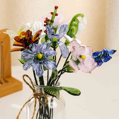 Handmade Glass Birth Flower Bouquet with Leaf, DIY Glass Floral Figurines, Home Decor, Birthday/Mother's Day/Wedding Gift for Her/Mom/Bridesmaids