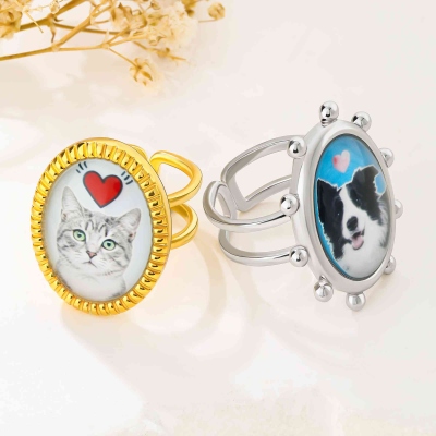 Personalized Oval/Teardrop Photo Ring with Pet Portrait, Dainty Pet Memorial Jewelry, Birthday/Anniversary/Christmas Gift for Pet Owners/Lovers