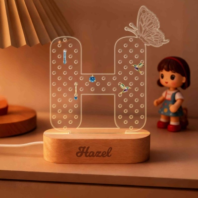 Custom Name Butterfly Letter Earring Holder LED Night Light with Wooden Base, Acrylic Jewelry Display Storage Light up Stand, Gift for for Women/Girls