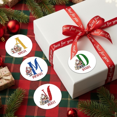 Personalized Name Glitter Alphabet Santa Claus Christmas Stickers, Round Holiday Gift Labels, Envelope Seals, Christmas Gifts for Kids/Family/Friends