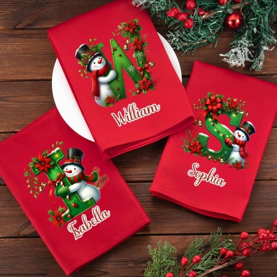 Custom Name Snowman Alphabet Christmas Napkin, Party Dinner Red Napkin, Dish Towel, Kitchen Accessory, Housewarming/Christmas Gift for Hostess/Family