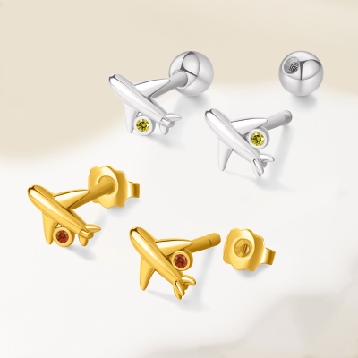 Custom Birthstone Extra Tiny Airplane Cartilage/Stud Earrings, Sterling Silver 925 Dainty Earrings, Aviation Gifts for Travel Lovers/Pilots/Cabin Crew