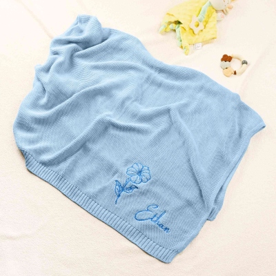 Custom Embroidered Name & Birth Flower Knitted Baby Blanket, Multicolor Cotton Kid's Throw Blanket, Birthday/Baby Shower Gift for Newborns/Infants