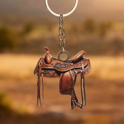 Personalized Name 2D Flat Horse Saddle Keychain, Acrylic Equestrian Keyring, Horse Riding Accessory, Bag Charm, Gift for Horse Lovers/Riders