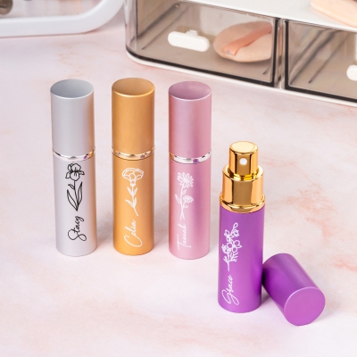 Personalized Name Birth Flower Mini Refillable Perfume Atomizer Bottle, 10ml Fragrance Spray Bottle, Birthday/Wedding Gift for Her/Bridesmaids/Women