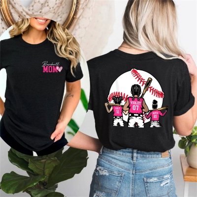 Personlig basebollmamma-t-shirt med barnnamn och nummer, sport-t-shirt i ren bomull med rund hals, matchdagsoutfit för cheerleadingmamma, present till basebollmamma/pappa