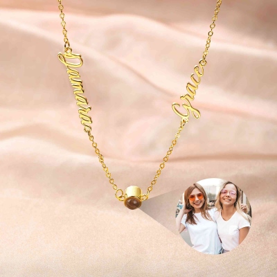 Custom Photo Projection Necklace with Sideways Names, Sterling Silver 925 Name Necklace with Picture, Birthday/Anniversary Gift for Her/Mom/Friends