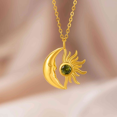 Custom Birthstone Crescent Moon & Sun Necklace, Sterling Silver 925 Celestial Jewelry, Mother's Day/Valentine's Day/Anniversary Gift for Mom/Her/BFF