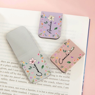 Custom Name Birth Flower Leather Bookmark, Magnetic Floral Bookmark Clip, Reading Accessory, Birthday/Christmas Gift for Book Lovers/Librarians/Women