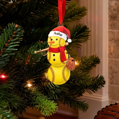 Custom Name Baseball/Softball Snowman Christmas Ornament, Acrylic Holiday Tree Hanging Decor, Christmas Gift for Baseball & Softball Lovers/Players