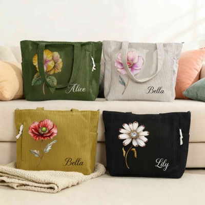Personalized Name Retro Gemstone Birth Flower Corduroy Tote Bag, Large Capacity Zippered Commuter Handbag with Side Pockets, Birthday Gift for Women