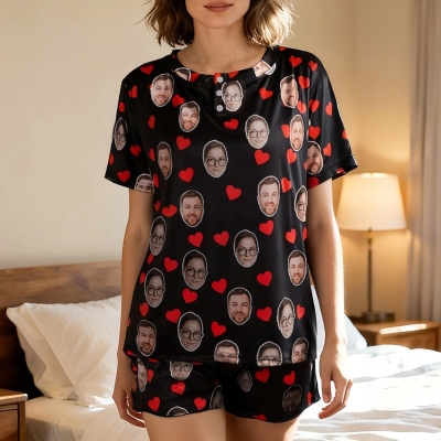 Personalized 1-3 Portraits Pajamas Set, Custom Face Photos Unisex Lounge Short PJ Set, Birthday/Christmas Gift for Family/Kids/Pet Lovers