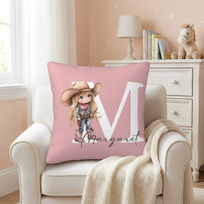Personalized Name Cartoon Cowgirl/Cowboy Character Alphabet Throw Pillow Cover, Pillowcase with Optional Insert, Home Decor, Gift for Kids/Boys/Girls