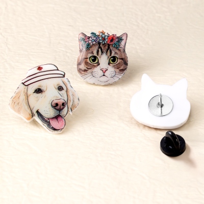 Personalized Dog Pin, Mom Dad Gift Hat Cat Lover Brooch Purse Pet illustrated Wearable Art Jacket Tote Clip Attachment Cute Friend Present