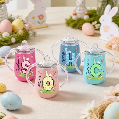 Custom Name Polka Dot Bunny Ears Alphabet Sippy Cup, 10oz Insulated Egg-Shaped Water Cup with Handles & Lid, Birthday/Easter Gift for Kids/Toddlers