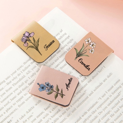 Personalized Name Birth Flower Leather Magnetic Bookmark Clip, Reading Page Marker, Book Accessory, Birthday Gift for Book Lovers/Librarians/Women