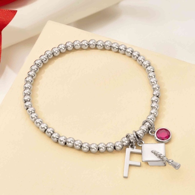 Personalized Graduation Cap Bracelet with Initial & Birthstone, Sterling Silver 925 Mortarboard Hat Charm Bracelet, Graduation Gift for Family/Friends