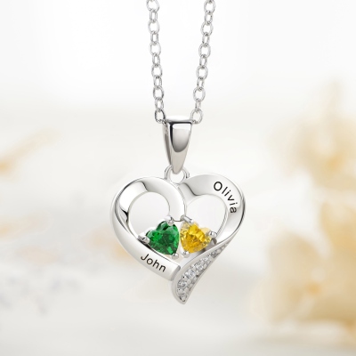 Personalized Heart Pendant Necklace with Two Birthstones & Names, Dainty Women's Jewelry, Mother's Day/Anniversary Gift for Her/Mom/Grandma