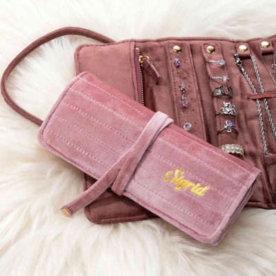 Personalized Monogram Foldable Velvet Jewelry Roll Organizer, Travel Accessory, Bachelorette Party Favor, Mother's Day/Birthday/Wedding Gift for Women
