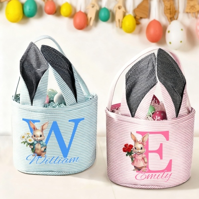 Custom Name & Initial Watercolor Birth Flower Bunny Easter Basket with Bunny Ears, Egg Hunt Basket, Seersucker Easter Goodie Bag, Easter Gift for Kids