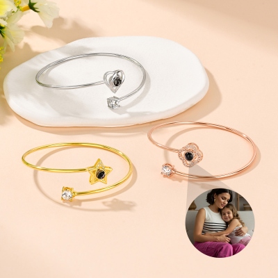 Personalized Photo Projection Swan/Heart/Four-leaf Clover/Star/Hexagram Bangle, Picture Inside Adjustable Bangle, Birthday/Anniversary Gift for Women