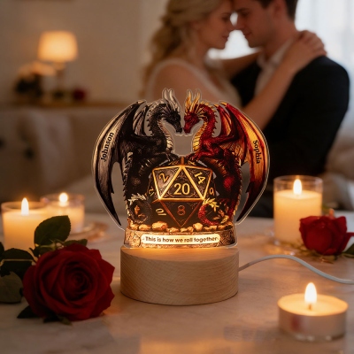 Custom Name D20 Dragon Couple Acrylic Night Light, Dragon Desk Plaque Decor, Personalized DND Anniversary/Valentine's Day Gifts