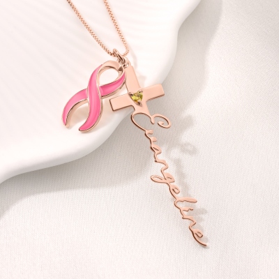 Custom Name Cross Necklace with Heart Birthstone & Ribbon, Dainty Cross Jewelry, Birthday/First Communion/Christening Gift for Women/Cancer Survivors
