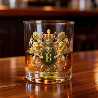 Anpassat namn Örn/Häst/Lejon Krona Alfabet Vapensköld Vinglas, 280 ml Whisky Gammaldags Glas, Födelsedags-/Fars dagspresent till honom/pappa/morfar