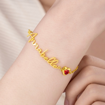 Personalized Name Bracelet with Heart Birthstone, Sterling Silver 925 Dainty Women's Bracelet, Birthday/Mother's Day Gift for Her/Mom/Grandma