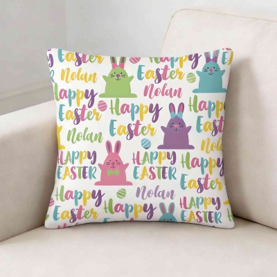 Personalisierter, bunter Osterhasen-Kissenbezug mit Namen, Kissenhülle mit optionaler Füllung, Heimdekoration, Ostergeschenk für Kinder/Familie