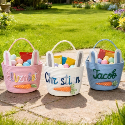 Personalized Name Yarn Carrot Cotton Rope Easter Basket, Large Capacity Easter Bucket Bag with Bunny Ears, Easter Gift for Kids/Boys/Girls