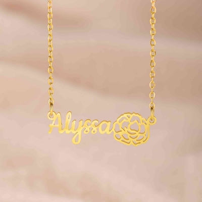 Custom Name Necklace with Birth Flower for Women, Personalized Gold Name Jewelry, Dainty Birth Flower Necklace, Women Necklace, Christmas Gift for Kids