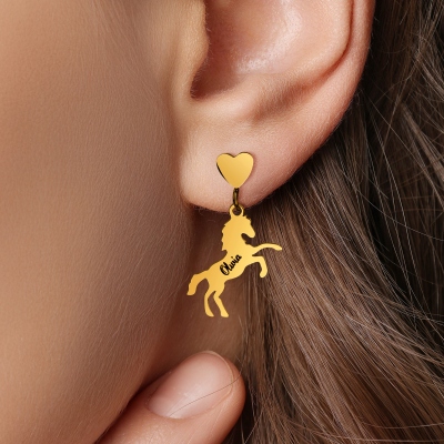 Personalized Horse Silhouette Heart Stud Earrings with Name, Horse Memorial Jewelry, Birthday/Anniversary Gifts for Horse Lovers/Riders/Equestrians