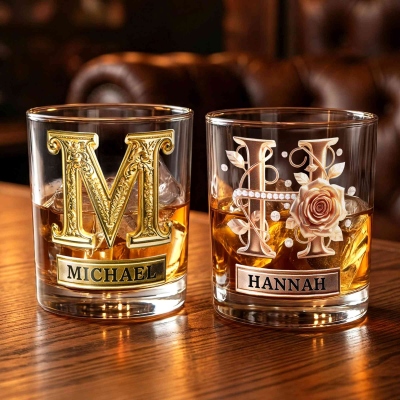 Custom Name Rose Pearl/Embossing Alphabet Wine Glass, 10oz Bourbon Whiskey Old Fashioned Glass, Anniversary/Valentine's Day Gift for Him/Her/Couple