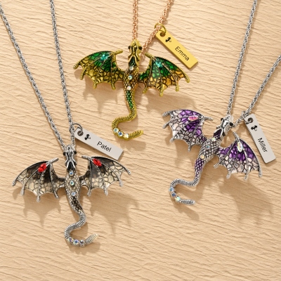 Personalized Name Fantasy Dragon Necklace with Rhinestones, Fourth Wing Dragon Jewelry, Birthday/Memorial Gift for Dragon Lovers/Fantasy Enthusiasts
