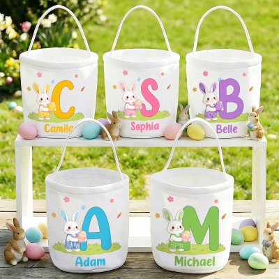 Personalisierter Osterkorb mit Namensmotiv, Cartoon-Hase und buntem Ei, Ostereiersuche-Stoffbeutel, Ostergeschenk für Kinder/Jungen/Mädchen