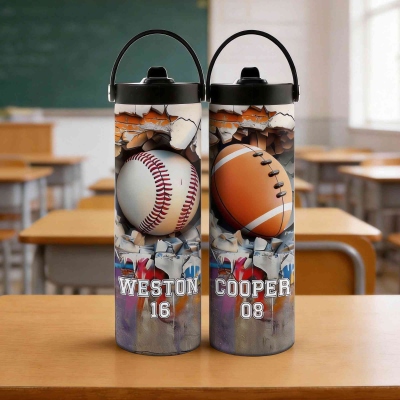 Personalisierte Sportball-Trinkflasche mit Namen und Nummer, Edelstahl-Isolierbecher (590 ml) mit Strohhalm und Griff, Geschenk für Sportbegeisterte/Sportler