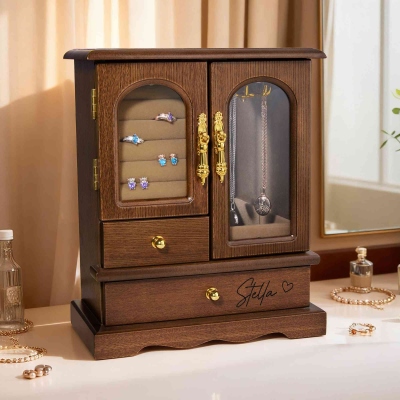 Personalized Walnut Jewelry Organizer Box, Engrave Jewelry Box, Wooden Jewelry Case, Wardrobe Jewelry Box, Christmas Gifts