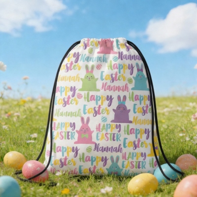 Personalized Name Colorful Bunny Happy Easter Drawstring Backpack, Large Capacity Easter Egg Hunt Bag, Easter Gift for Kids/Students/Youth