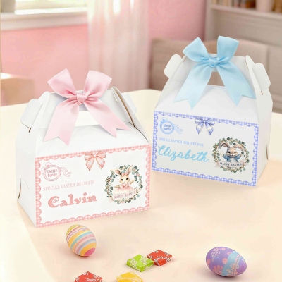Personalisierte Ostergeschenkboxen mit Hasen-Schleife und Henkeln (2er-Set), Osterleckerli-Boxen, Gastgeschenke für Osterpartys, Ostergeschenke für Babys/Kinder
