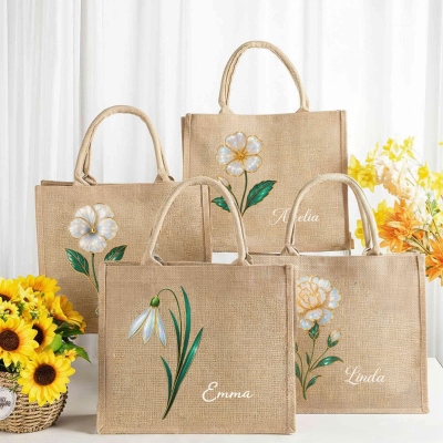 Custom Name Mother of Pearl Effect Birth Flower Burlap Tote Bag, Large Capacity Jute Bag, Grocery Shopping Bag, Beach Tote, Gift for Women/Bridesmaids