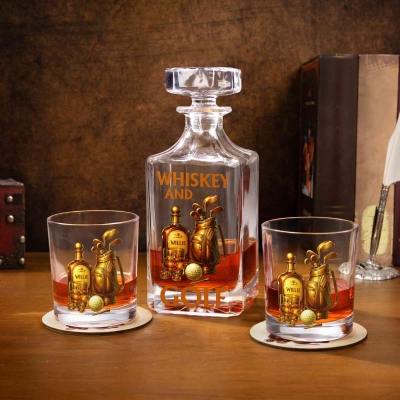 Personligt namn Golf Whiskey Karaff Set, Glas Whiskey Karaff, Underlägg/Glas/Flaska/Karaff, Festgåvor, Present till golfälskare/whiskyälskare