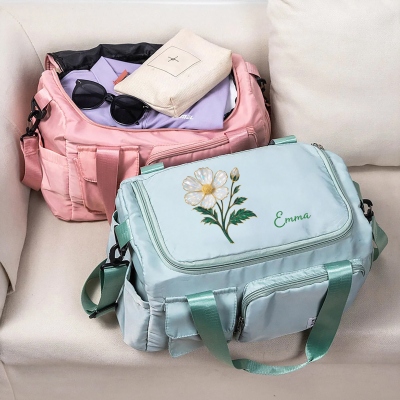 Custom Name Mother of Pearl Effect Birth Flower Duffle Bag, Waterproof Weekender Bag, Overnight Bag with Shoulder Strap, Gift for Women/Bridesmaids