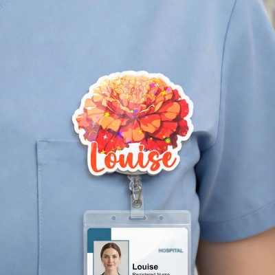 Custom Name Glitter Birth Flower Badge Reel, Acrylic Retractable ID Badge Holder, Medical Badge Clip, Appreciation Gift for Nurses/Doctors/Teachers