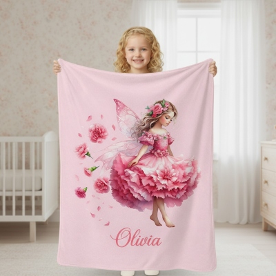 Personalized Name Birth Flower Fairy Girl Blanket, Flannel/Sherpa Soft Bed Couch Throw, Home Decor, Housewarming/Birthday Gift for Girls/Women