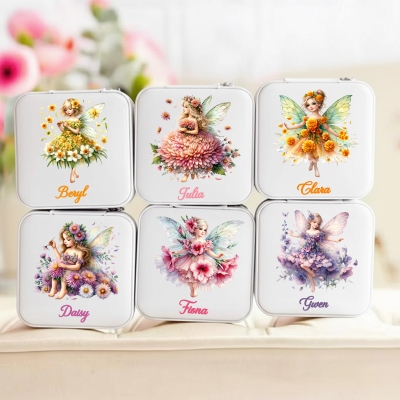 Personalized Name Birth Flower Fairy Girl Jewelry Box, PU Leather Travel Jewelry Case, Birthday/Christmas/Wedding Gift for Her/Women/Bridesmaids
