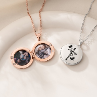 Personalized Birth Flower Cross Photo Locket Necklace, Sterling Silver 925 Dainty Jewelry, Birthday/Mother's Day/Anniversary Gift for Christian Women